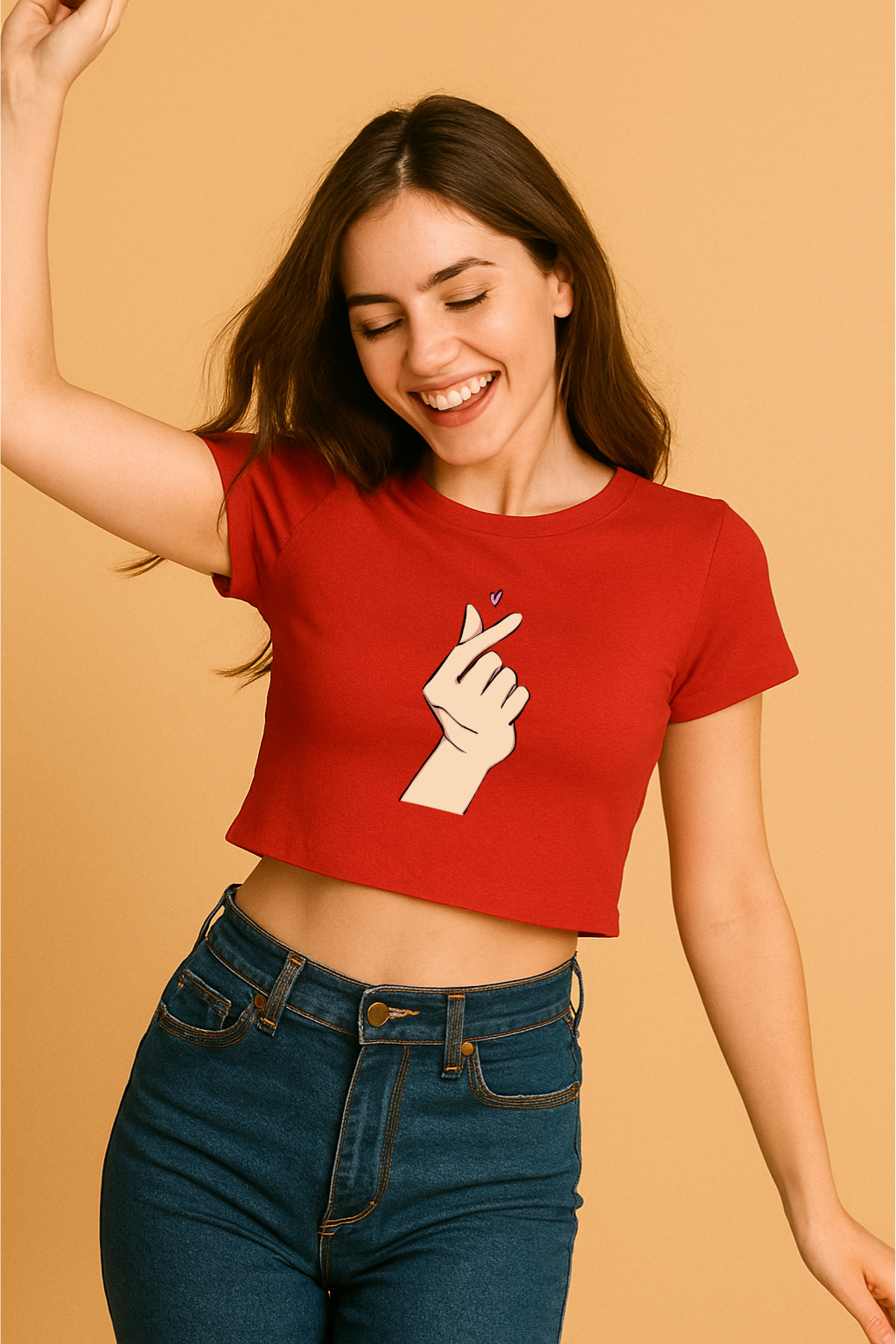 Korean Finger Heart Cute Graphic Crop Top Trendy Heart Crop Top
