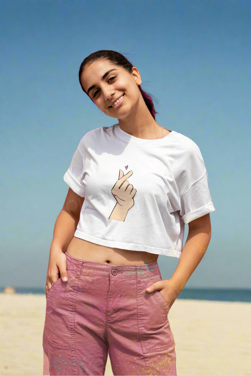 Korean Finger Heart Cute Graphic Crop Top Trendy Heart Crop Top