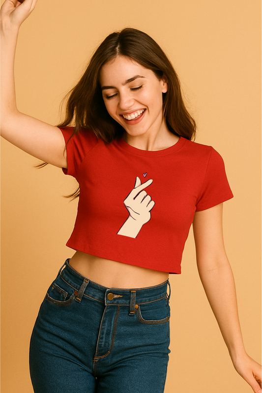 Korean Finger Heart Cute Graphic Crop Top Trendy Heart Crop Top